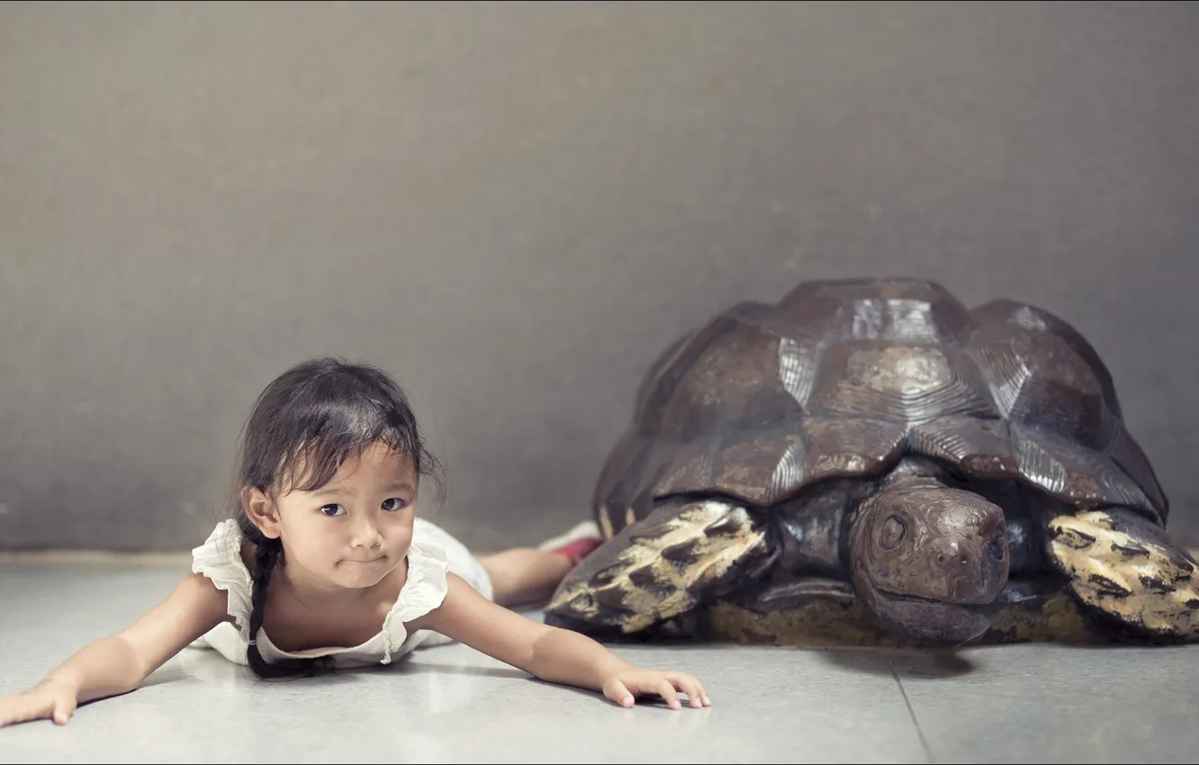 Photo wallpaper girl, two, children, kid, turtle, other, Oops