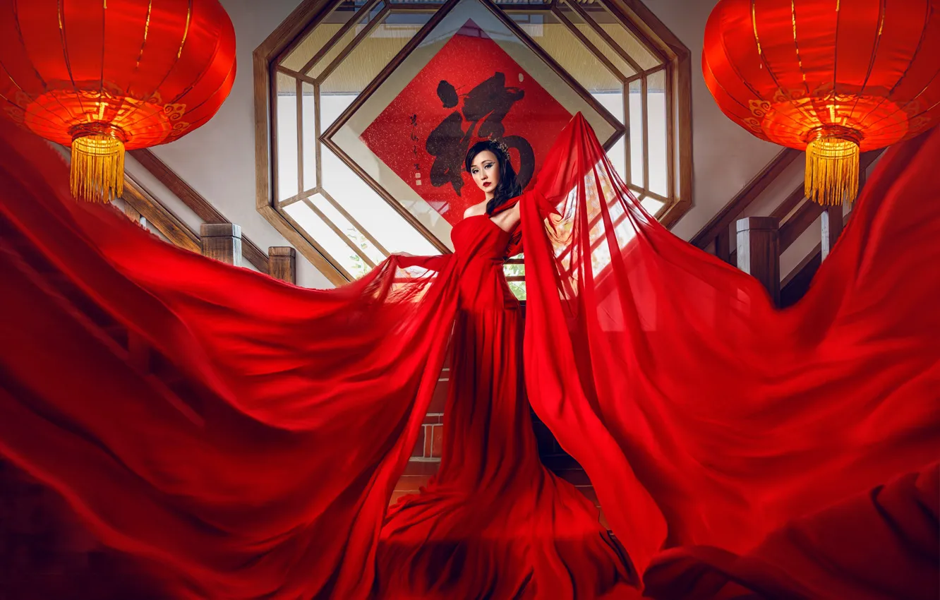 Wallpaper pose, style, model, fabric, Asian, red dress, lanterns images for  desktop, section стиль - download