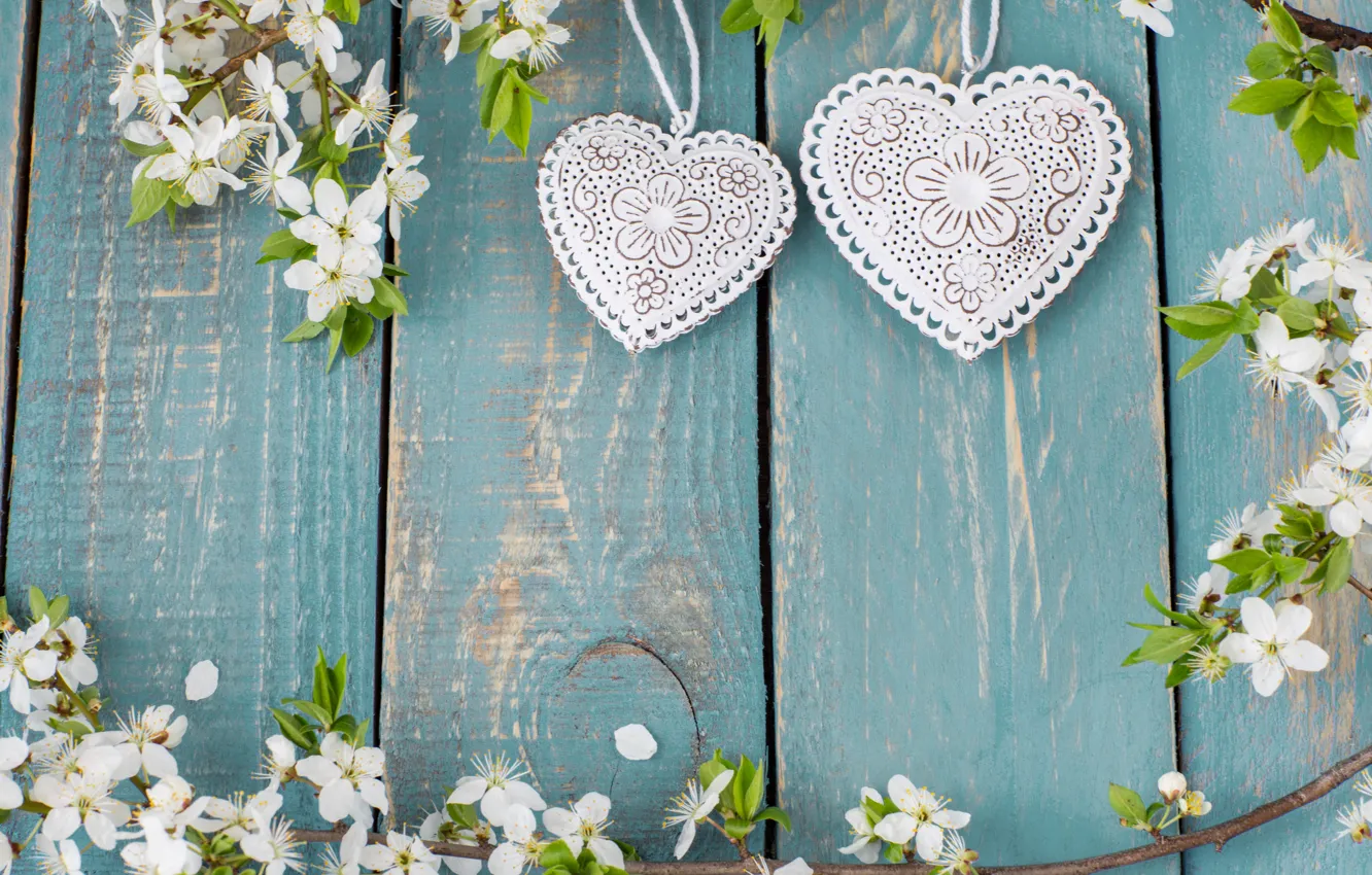 Photo wallpaper heart, apple, spring, love, white, flowering, heart, wood, blossom, romantic, spring