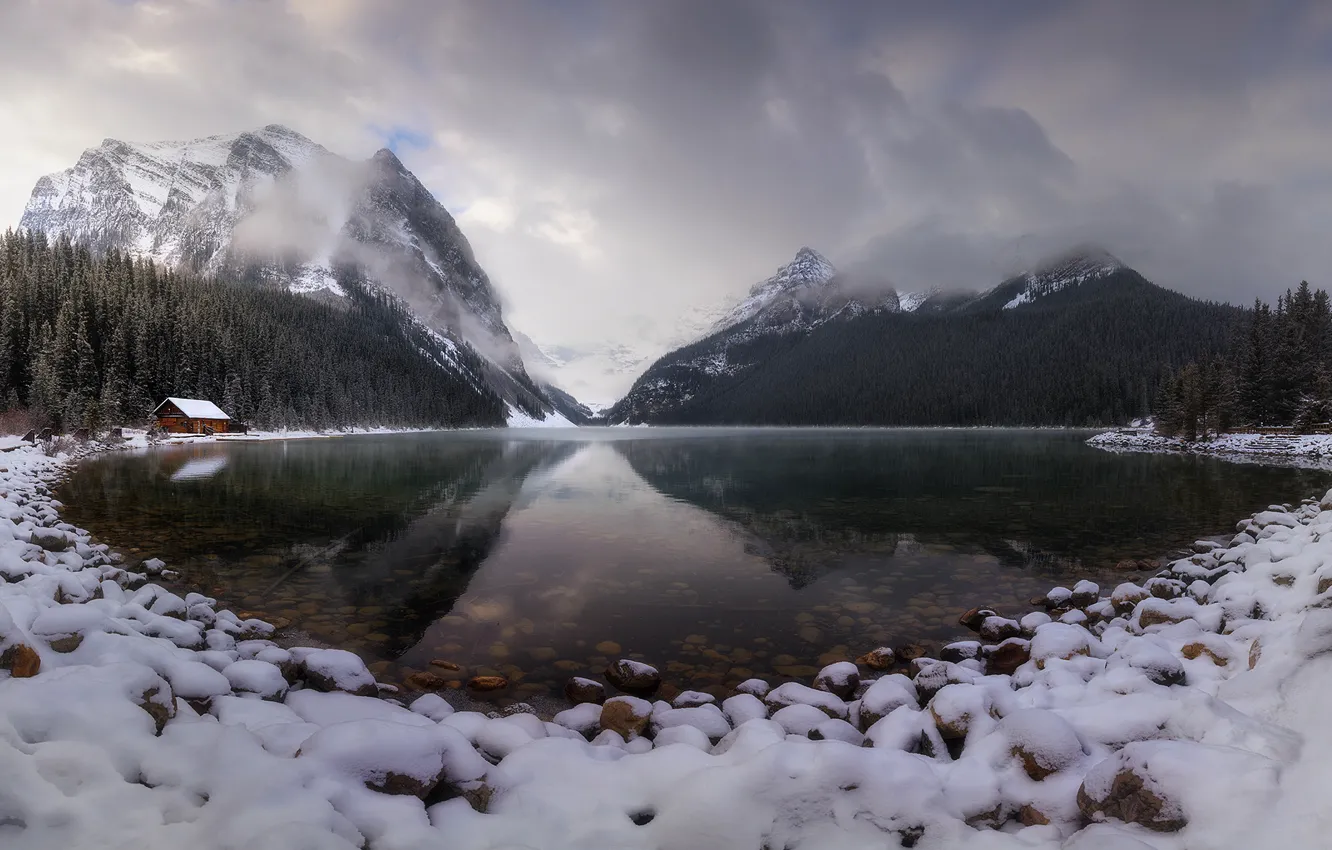 Photo wallpaper winter, frost, forest, clouds, snow, mountains, lake, reflection, stones, shore, the slopes, the bottom, Canada, …