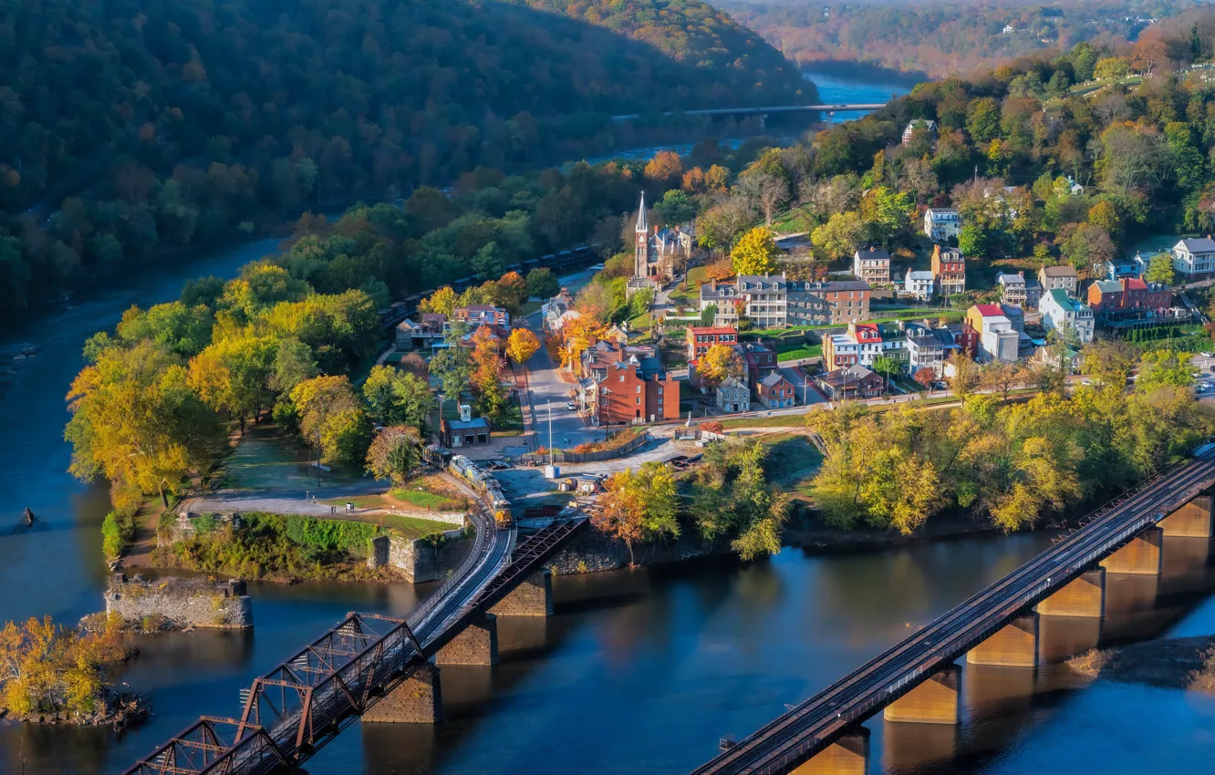 Photo wallpaper autumn, trees, the city, building, home, bridges, river, West Virginia, West Virginia, Harpers Ferry, Potomac …