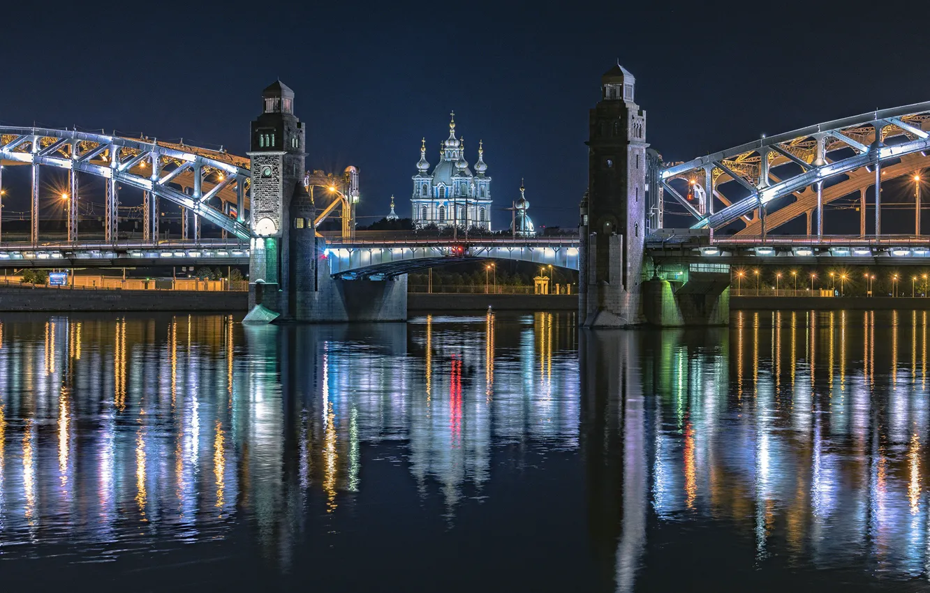Photo wallpaper night, the city, river, Peter, lighting, Saint Petersburg, Smolny Cathedral, Neva, Bolsheokhtinsky bridge