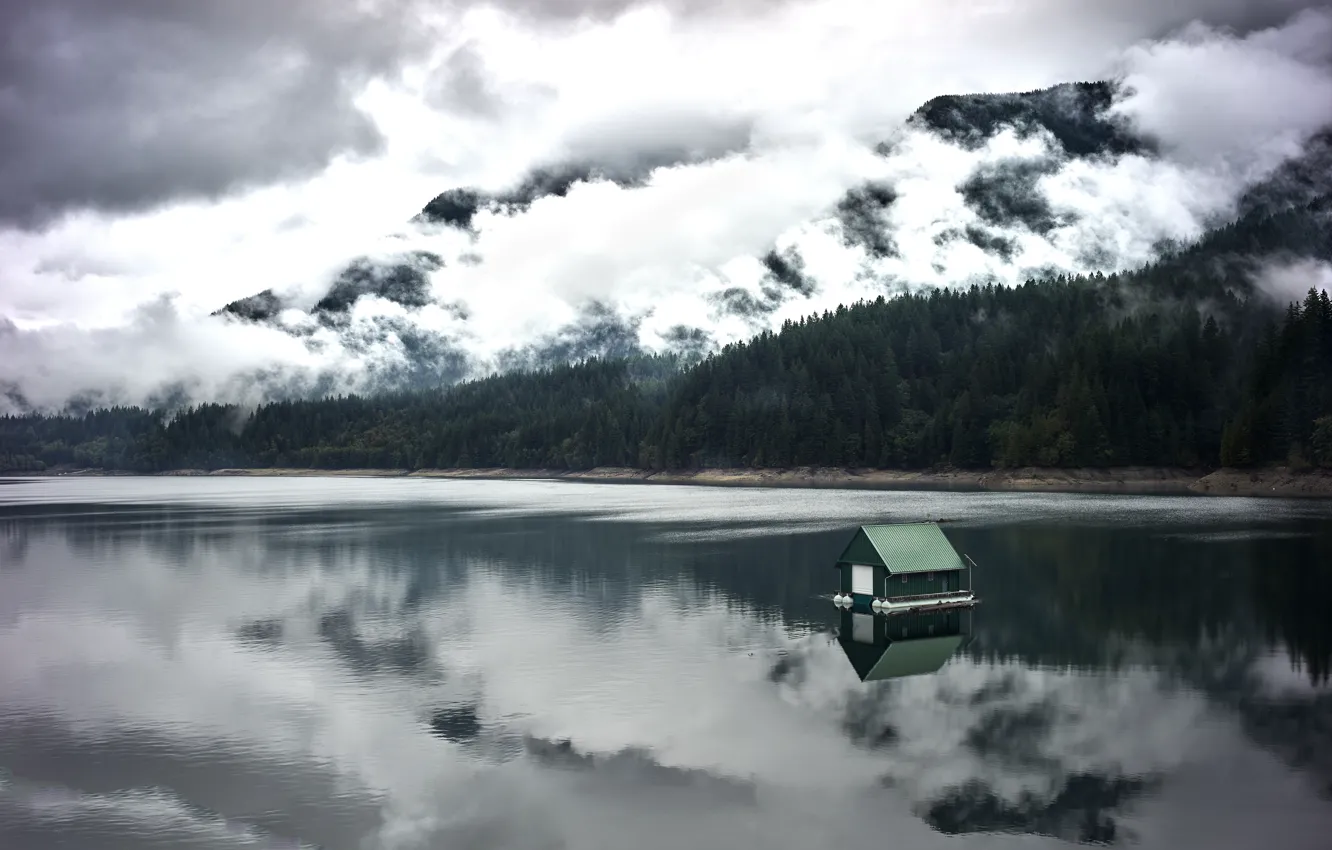 Photo wallpaper forest, clouds, mountains, reflection, shore, house, pond