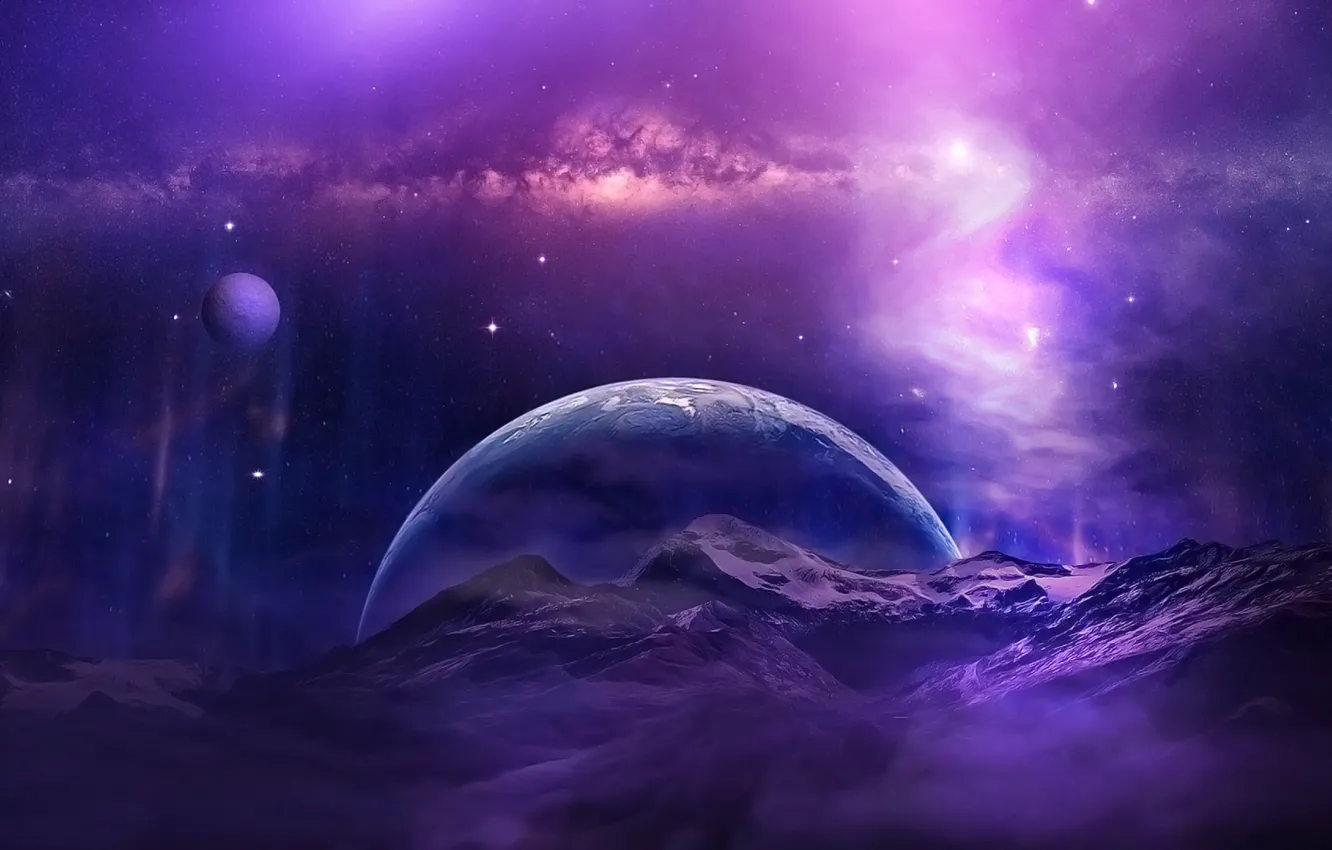 Wallpaper space, universe, aurora, sky, mountains, clouds, stars, planet,  purple, galaxy images for desktop, section космос - download
