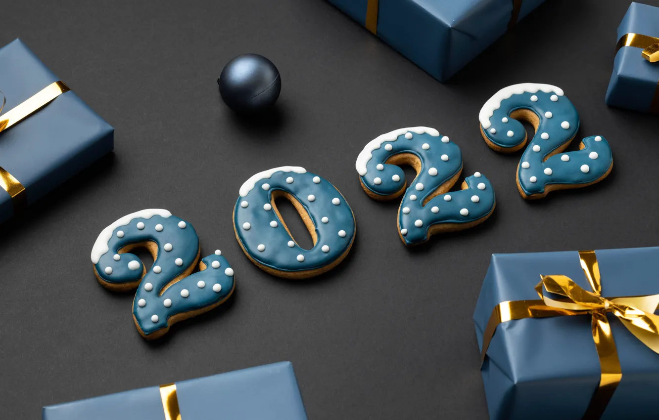 Photo wallpaper background, ball, cookies, figures, gifts, New year, 2022