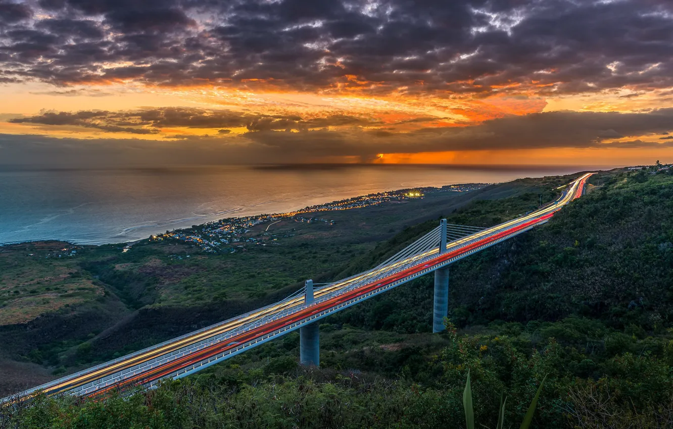 Photo wallpaper Bridge, Sunset, Reunion Island, Indian-Ocean