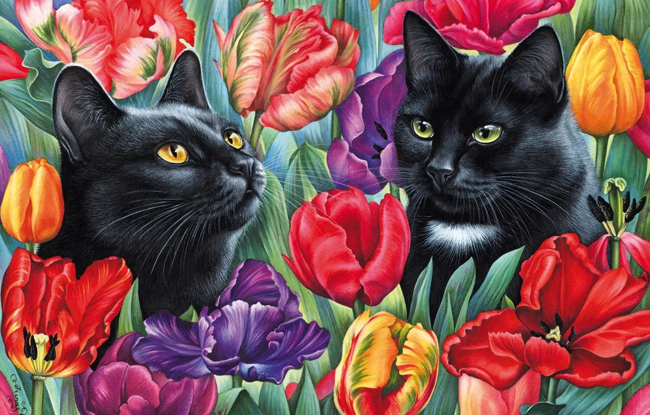 Photo wallpaper flowers, picture, tulips, painting, Irina Garmashova, Cat among the tulips, black cats, two faces