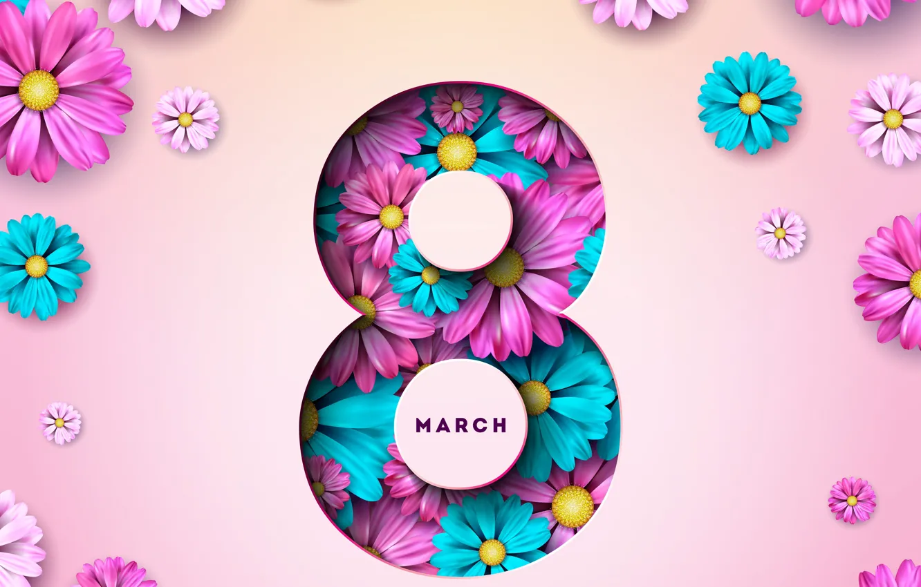 Photo wallpaper flowers, happy, March 8, pink, flowers, postcard, spring, celebration, women's day, 8 march, women's day