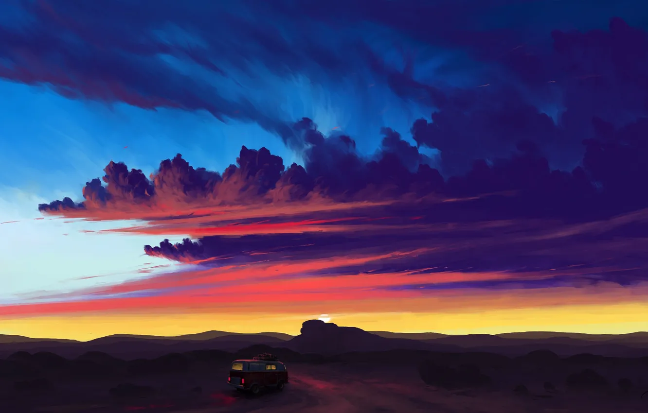 Photo wallpaper car, twilight, sky, desert, landscape, sunset, art, clouds, sun, artist, digital art, artwork, van, BisBiswas