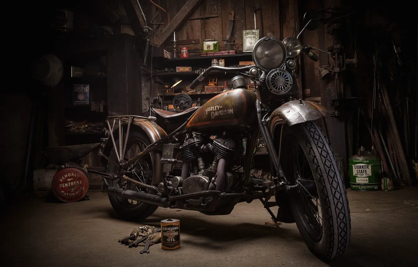 Photo wallpaper Harley-Davidson, Garage, Motorcycle