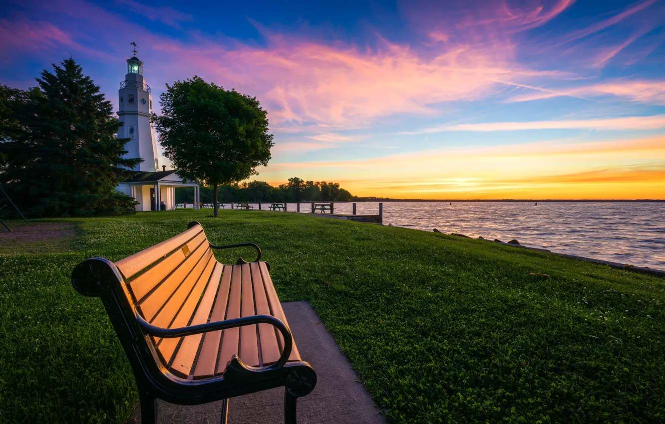 Photo wallpaper landscape, lake, dawn, lighthouse, morning, Wisconsin, USA, bench, Kimberly Point Park, Kimberly Pointe Park, Winnebago, …