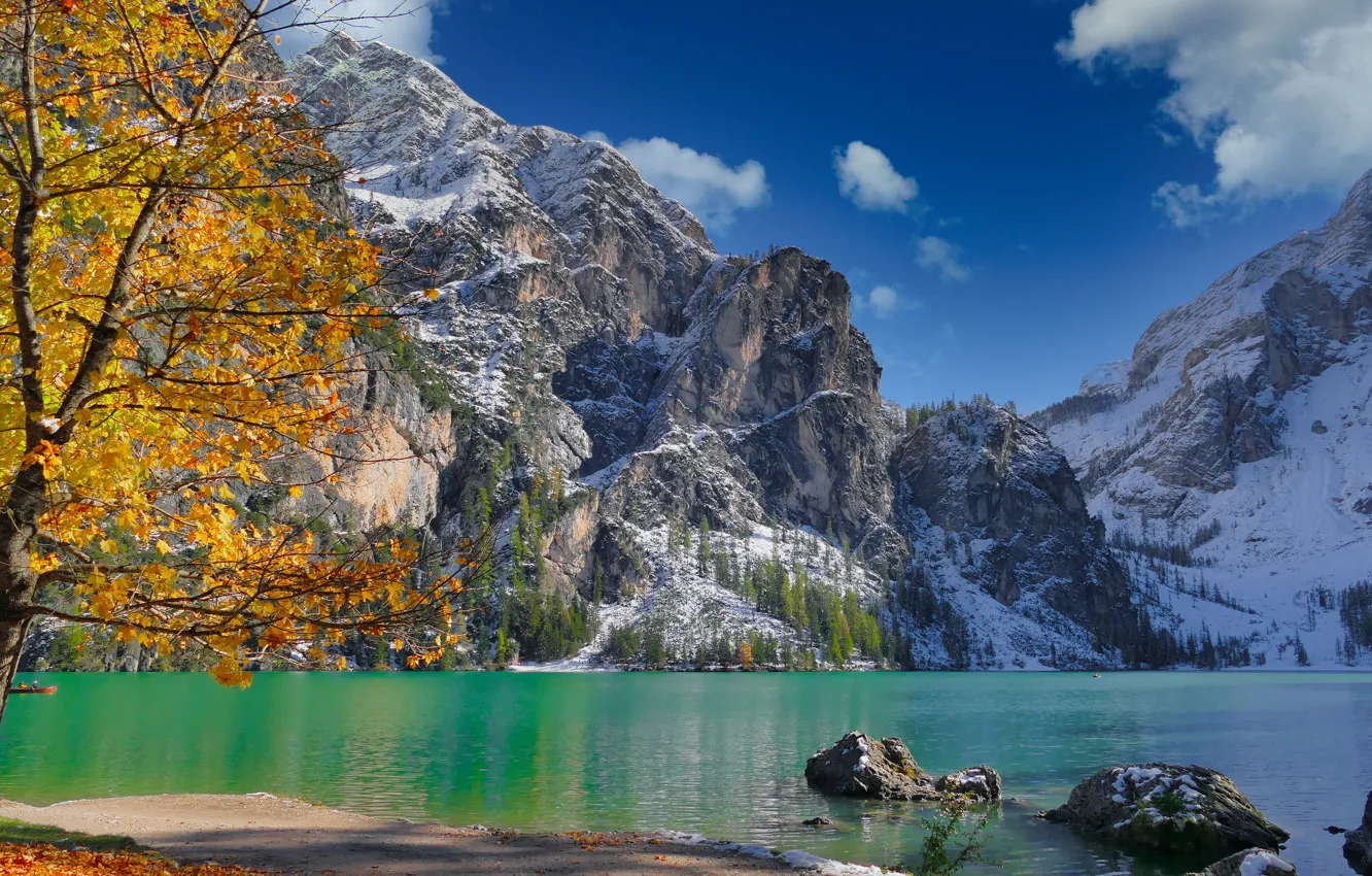 Photo wallpaper autumn, mountains, lake, tree, boats, Italy, Italy, The Dolomites, South Tyrol, South Tyrol, Dolomites, Lake …
