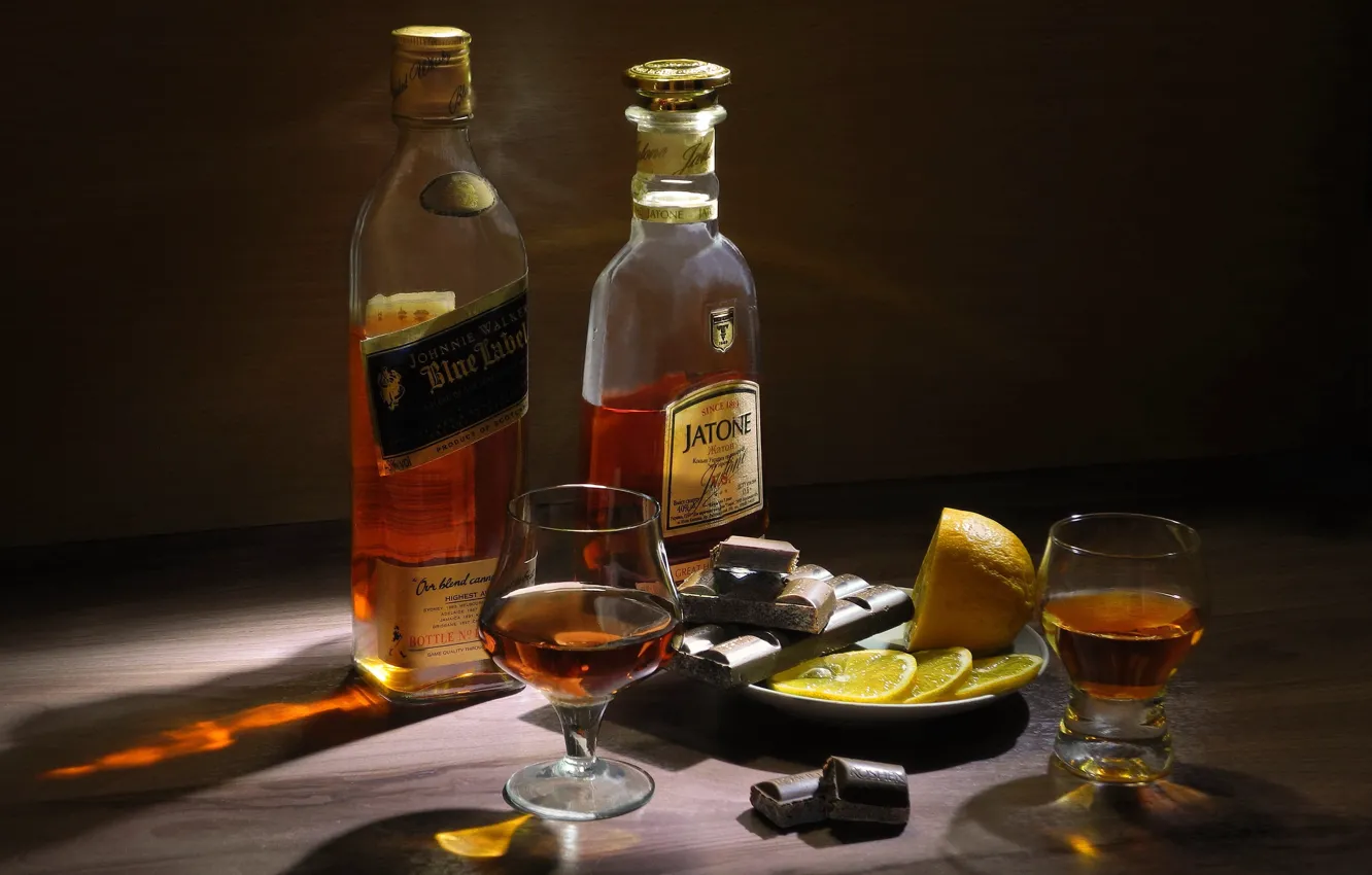 Photo wallpaper lemon, chocolate, glasses, bottle, still life, cognac, whiskey, booze, saucer, slices, Sergey Pounder