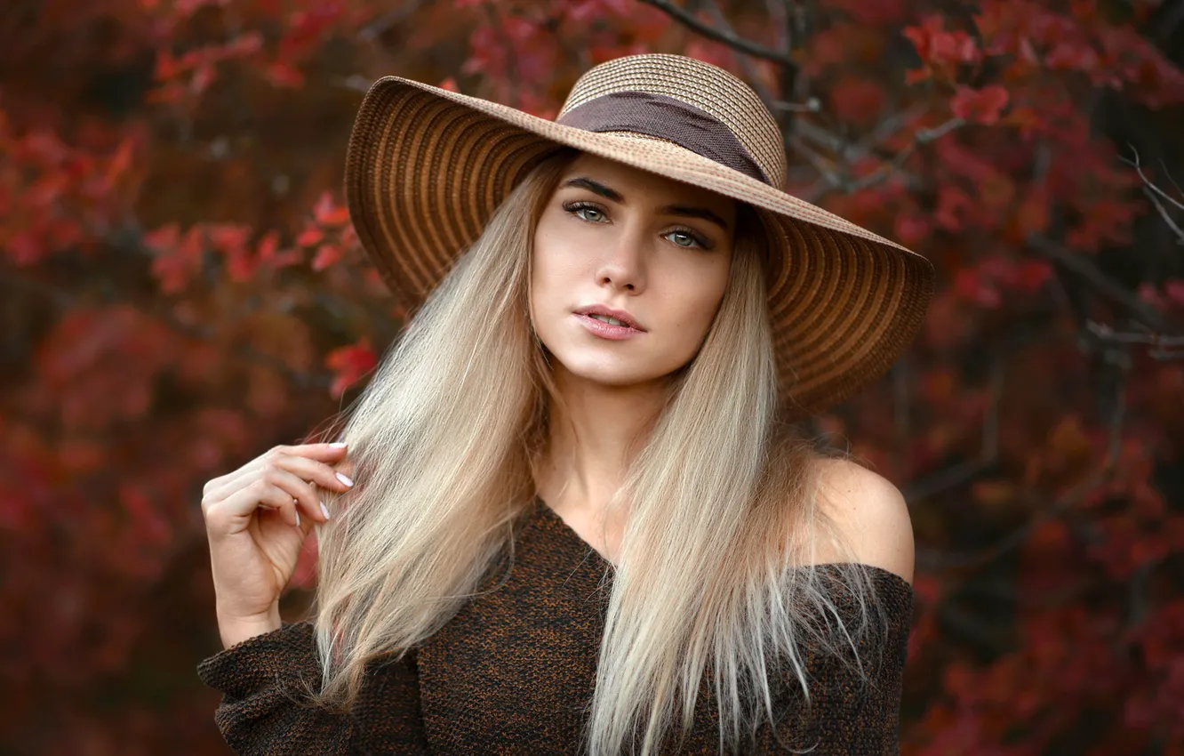 Photo wallpaper look, leaves, branches, pose, background, model, portrait, hat, makeup, dress, hairstyle, blonde, beauty, bokeh, Dasha, …