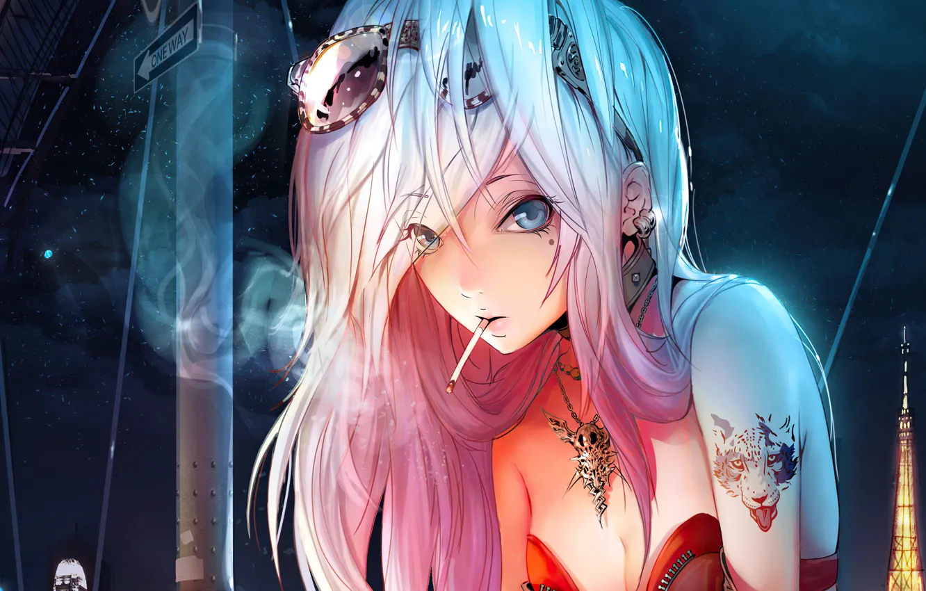 Wallpaper decoration, night, Paris, anime, blonde, tattoo, Eiffel tower,  paris, anime, night, tattoo, blonde, sunglasses, jewelry, sunglasses, girl  with a cigarette images for desktop, section арт - download