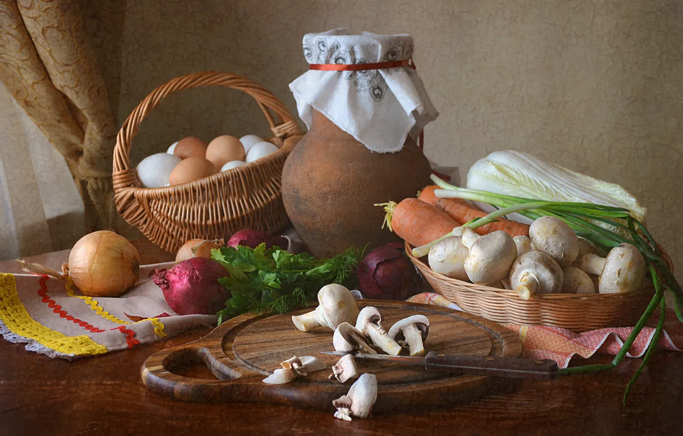 Photo wallpaper table, basket, mushrooms, bow, knife, dishes, pitcher, still life, vegetables, carrots, cabbage