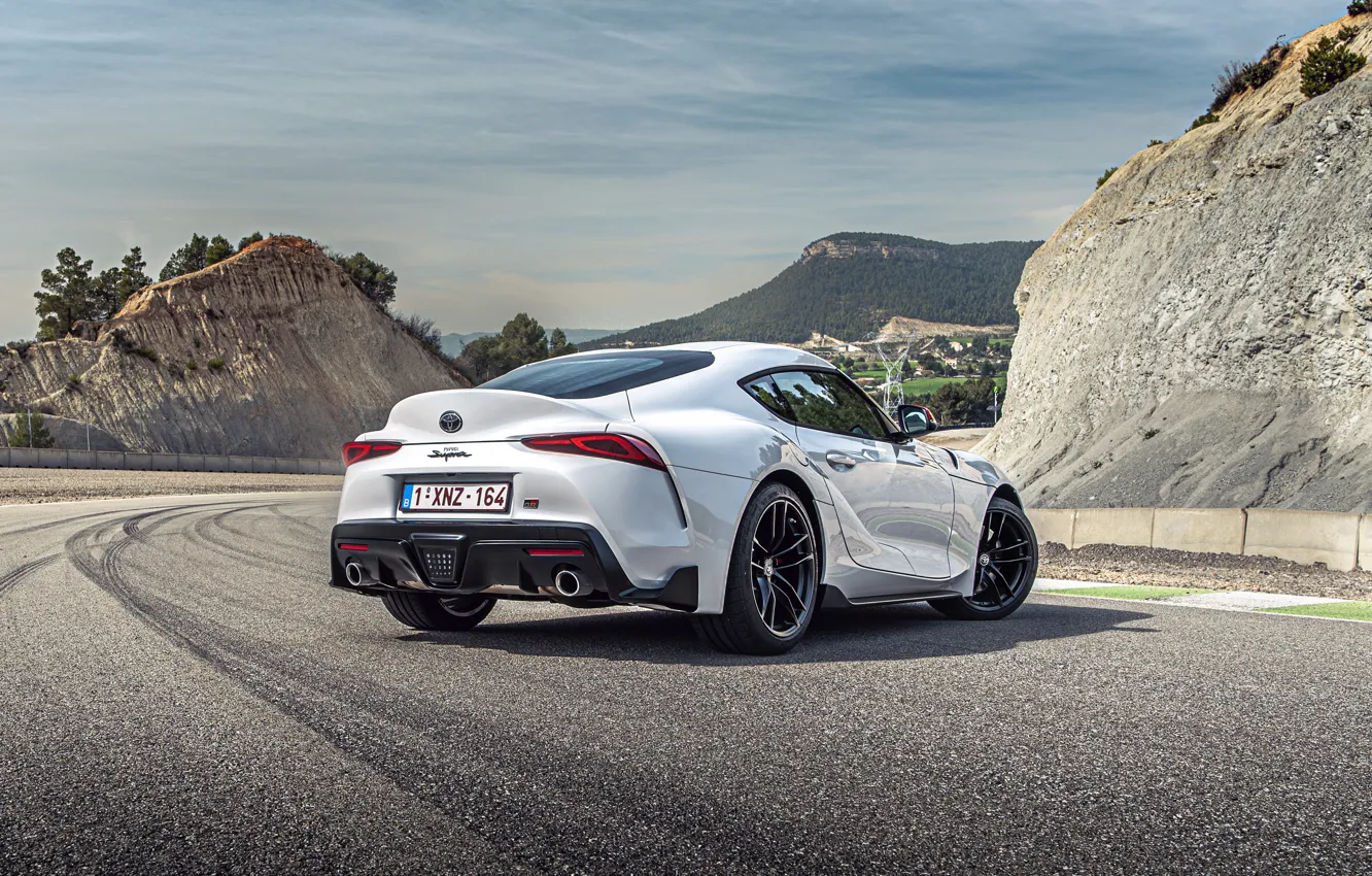 Photo wallpaper white, asphalt, hills, coupe, Toyota, Supra, the fifth generation, mk5, on the track, double, 2020, …