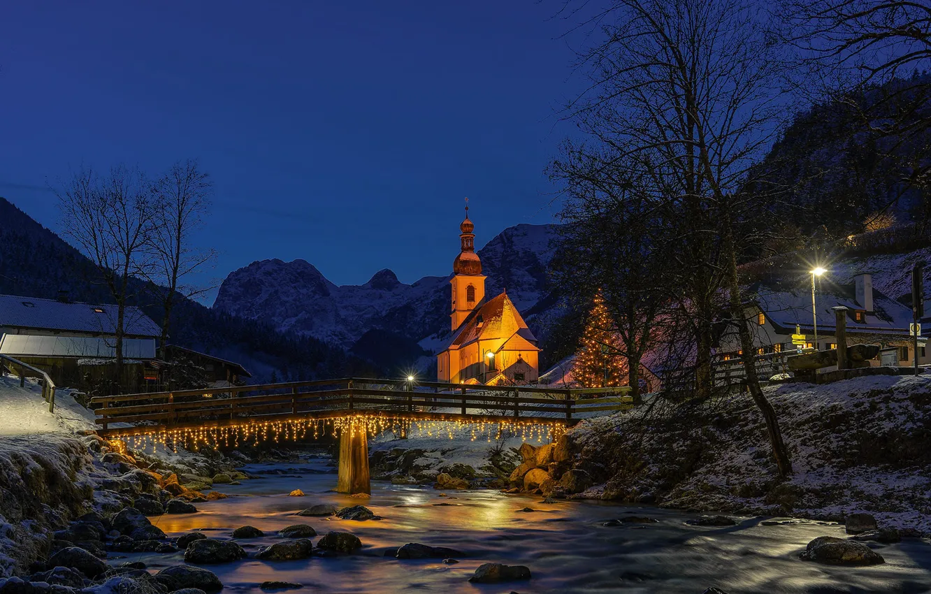 Photo wallpaper winter, snow, landscape, night, bridge, the city, river, Christmas, Austria, lighting, lights, Church, tree, decoration, …