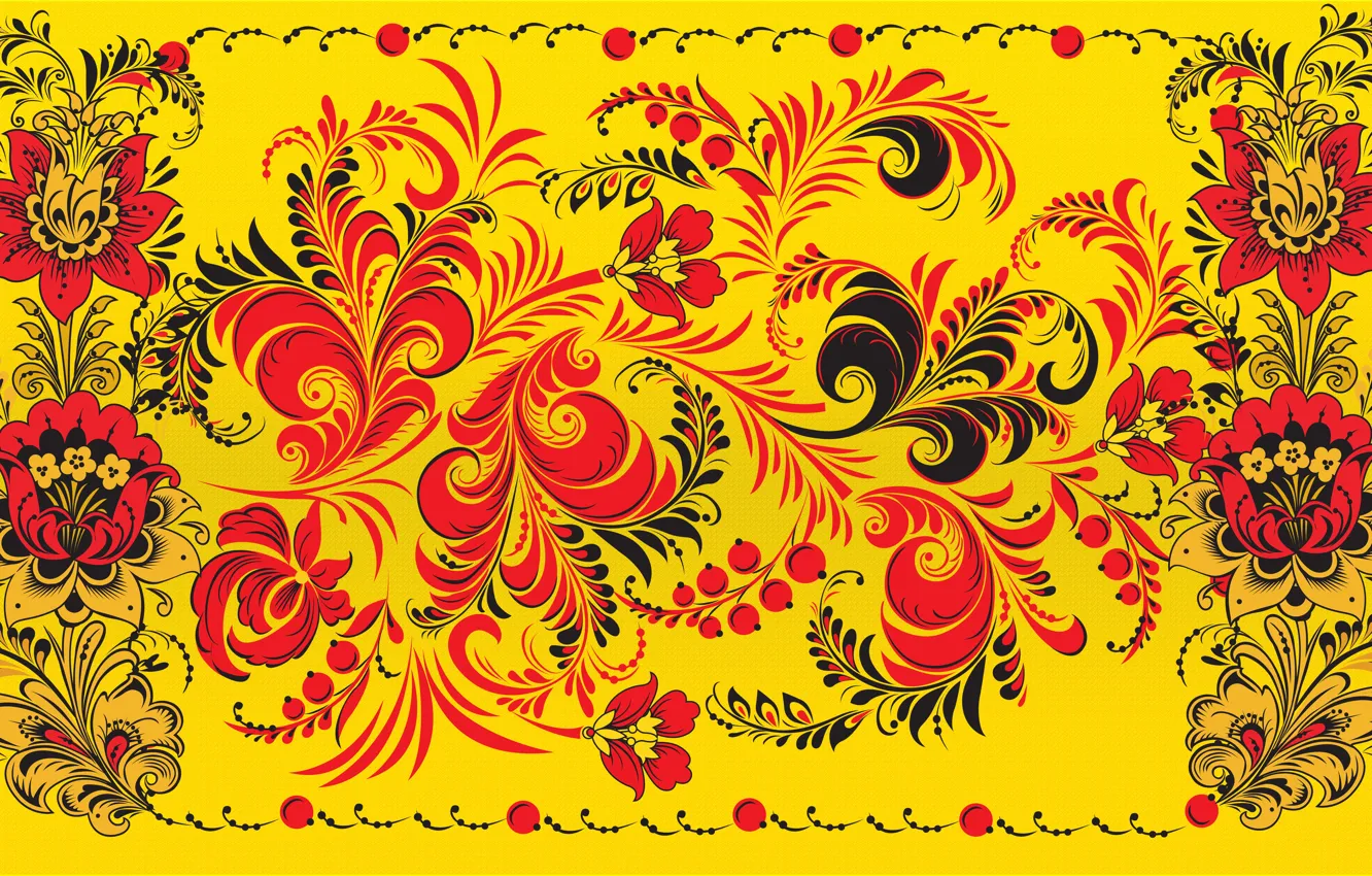 Photo wallpaper Flowers, Red, Yellow, Style, Background, Painting, Art, Khokhloma, Khokhloma painting, madeinkipish, Ivan Ivanovich, Russian painting