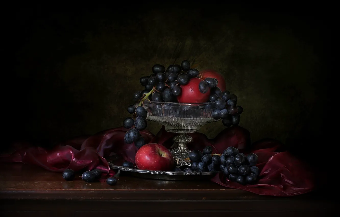 Photo wallpaper background, apples, grapes, vase, still life