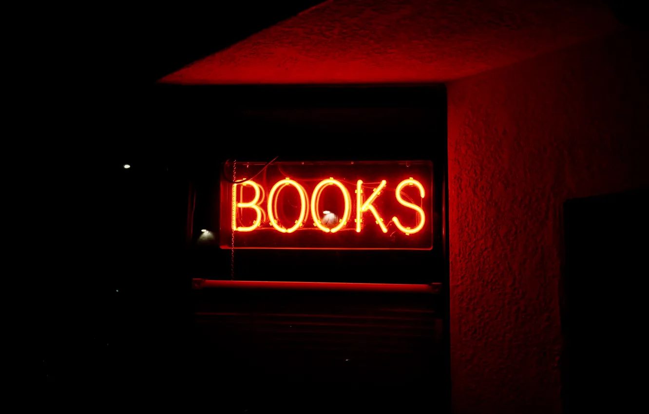 Photo wallpaper light, red, books, neon, sign, the word