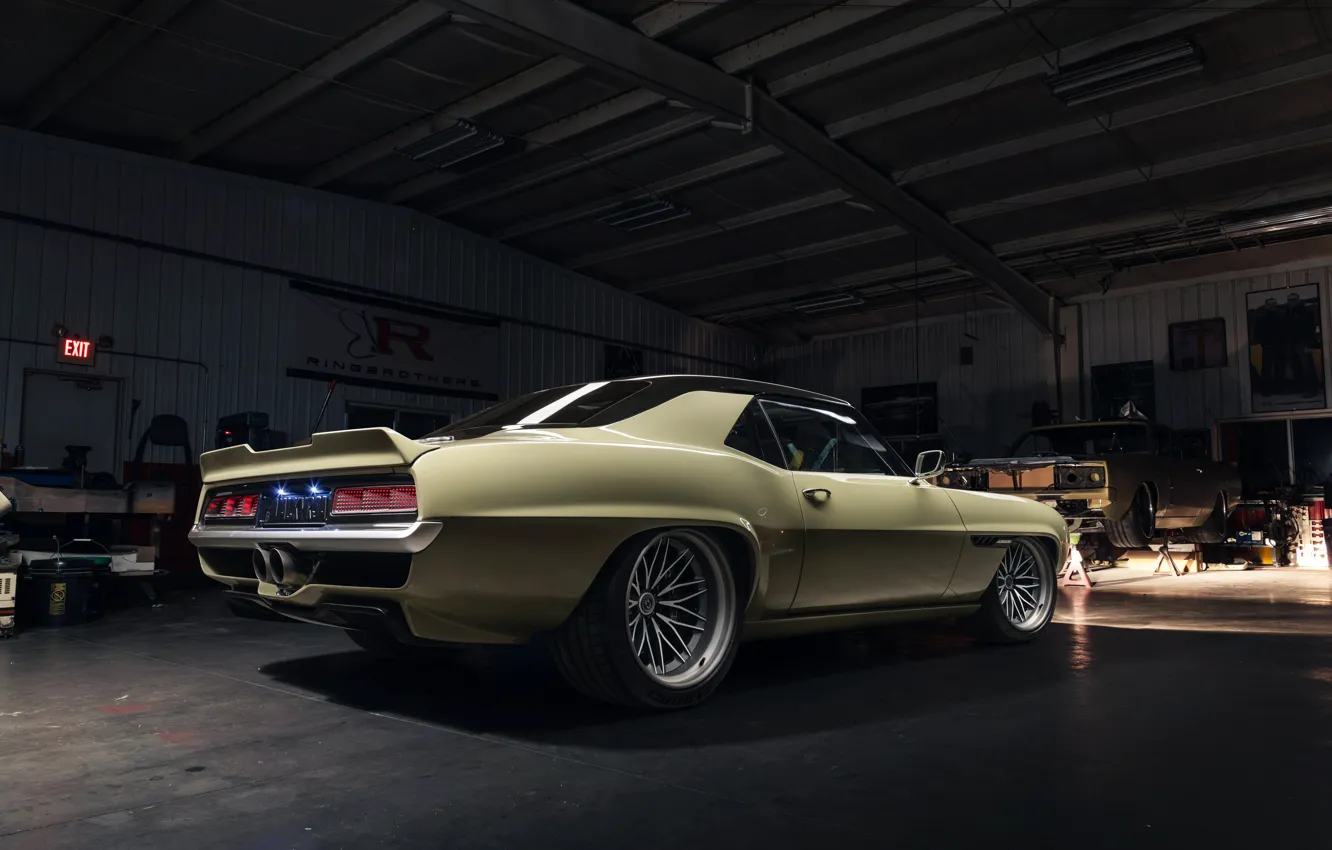 Photo wallpaper Chevrolet, 1969, Camaro, Lights, Garage, Drives, Chevrolet Camaro, Classic car, Wide Body Kit, Sports car, …