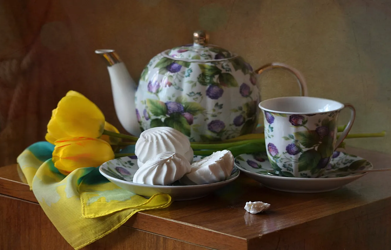 Photo wallpaper flowers, table, kettle, Cup, tulips, sweets, dishes, still life, saucer, marshmallows, a couple of tea