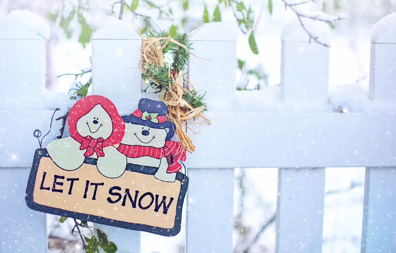 Photo wallpaper winter, snow, holiday, the inscription, plate, the fence, Christmas, New year, snowmen, the scenery, a …
