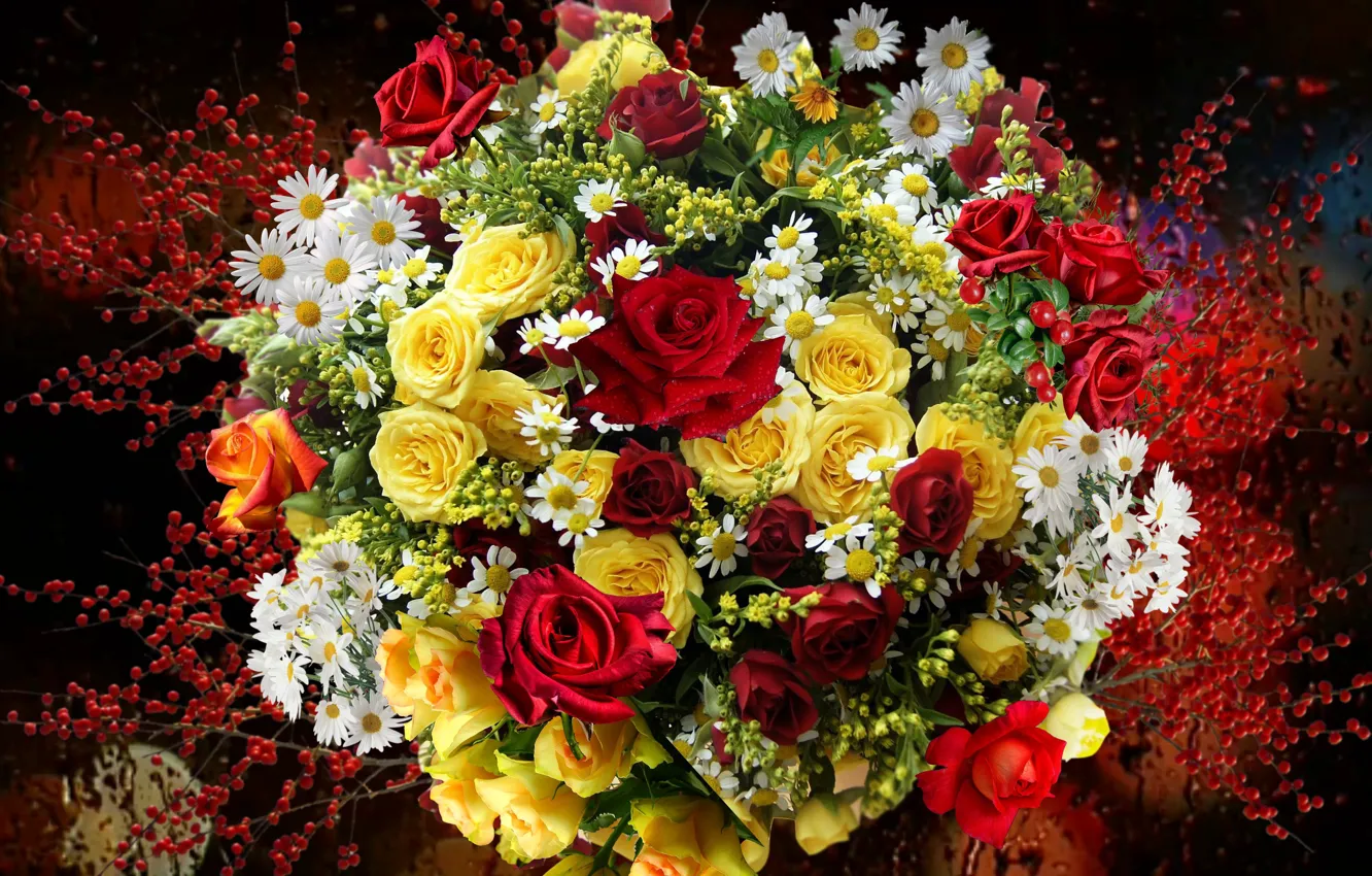 Wallpaper berries, roses, chamomile, Bouquet images for desktop ...