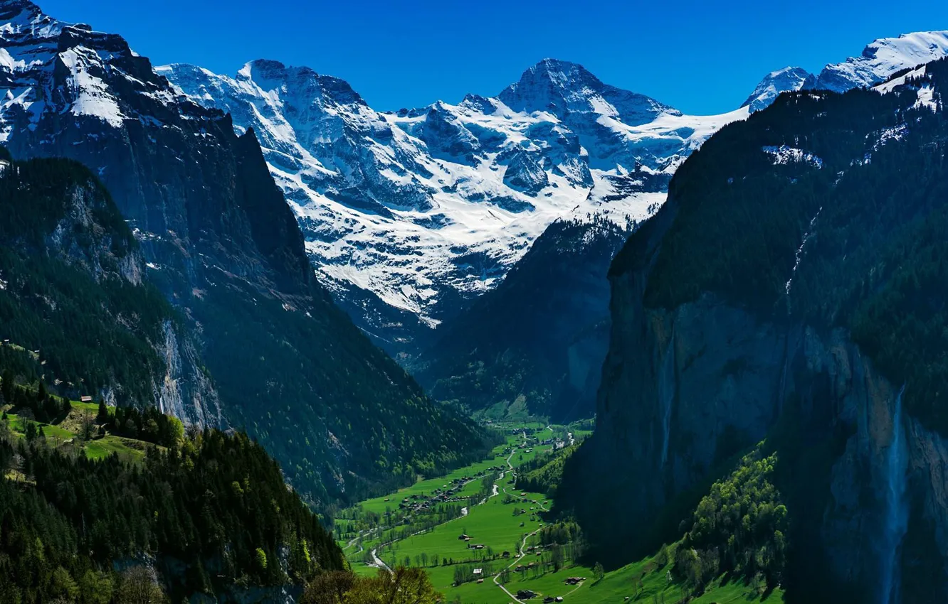 Photo wallpaper the sky, snow, trees, mountains, nature, rocks, Switzerland, village, The Bernese Alps, Wengen