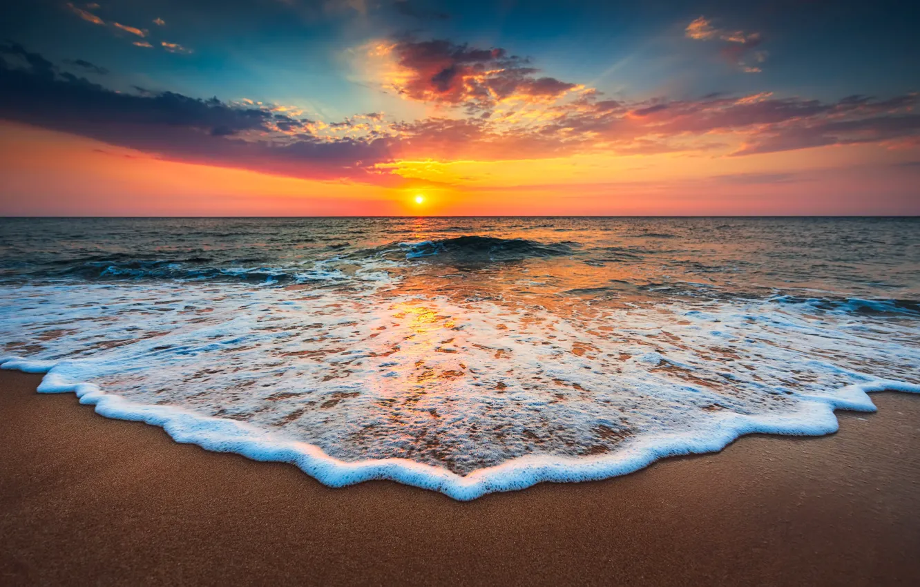 Photo wallpaper sea, beach, the sun, sunset, shore, surf