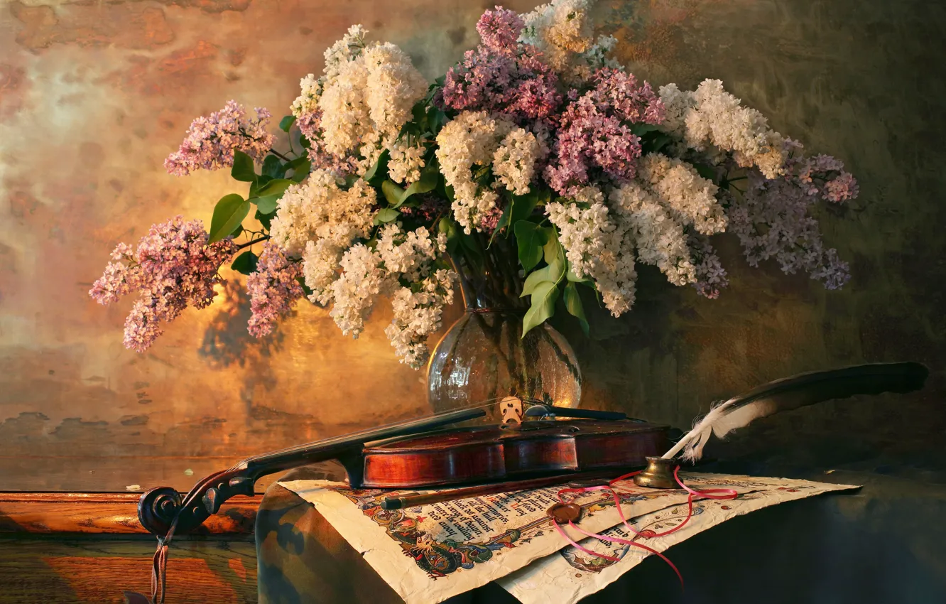 Photo wallpaper style, pen, violin, bouquet, still life, lilac, Andrey Morozov