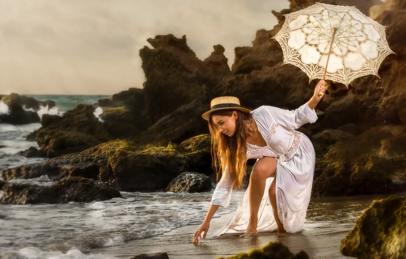 Photo wallpaper sea, girl, pose, umbrella, mood, rocks, dress, hat, Alex Darash