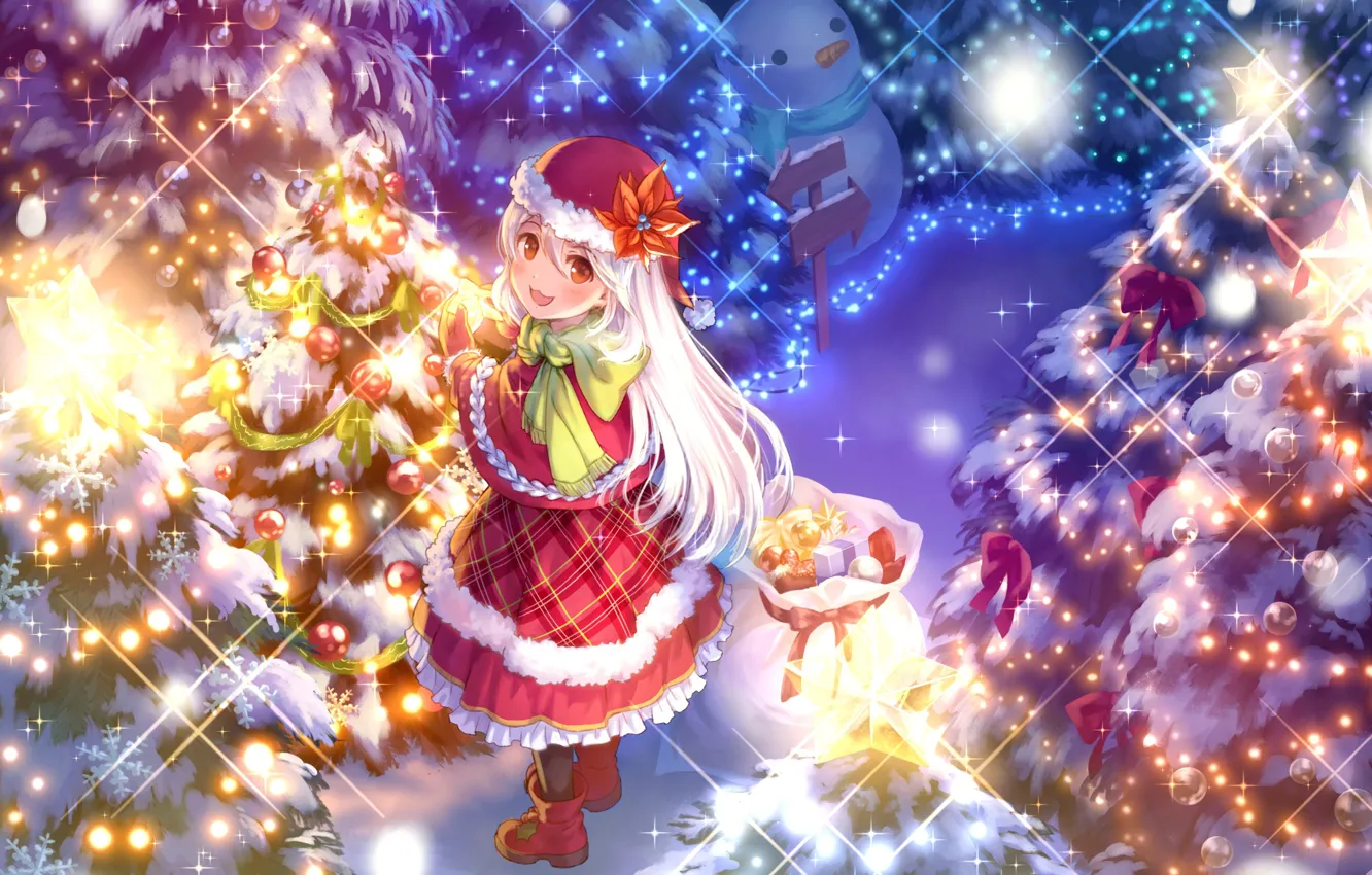 Photo wallpaper winter, snow, smile, lights, hat, the evening, scarf, index, girl, fur, snowman, boots, Christmas decorations, …