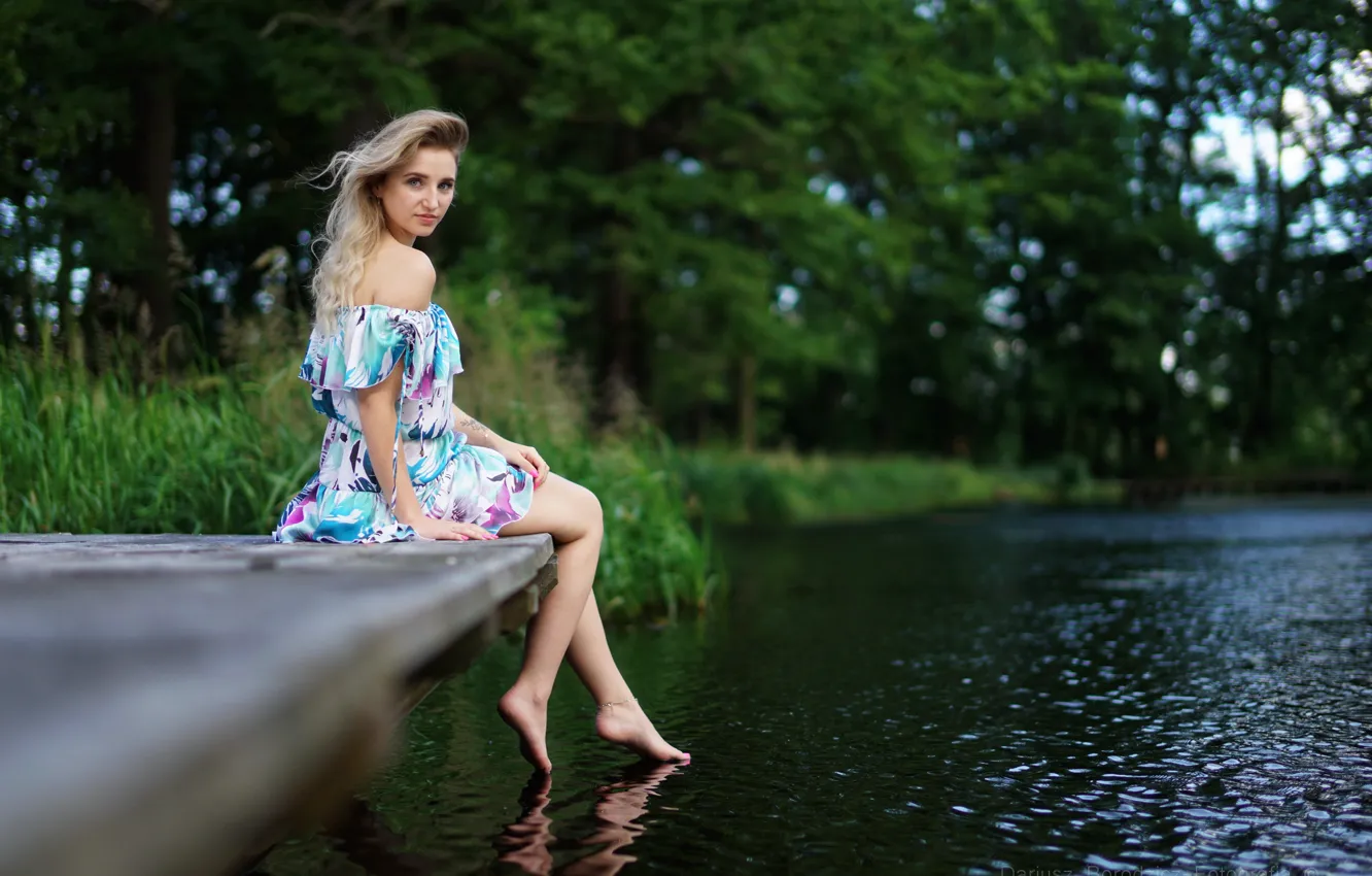 Photo wallpaper summer, look, water, girl, nature, barefoot, dress, blonde, shoulder, curls, barefoot, mostok, Dariusz Borodzicz