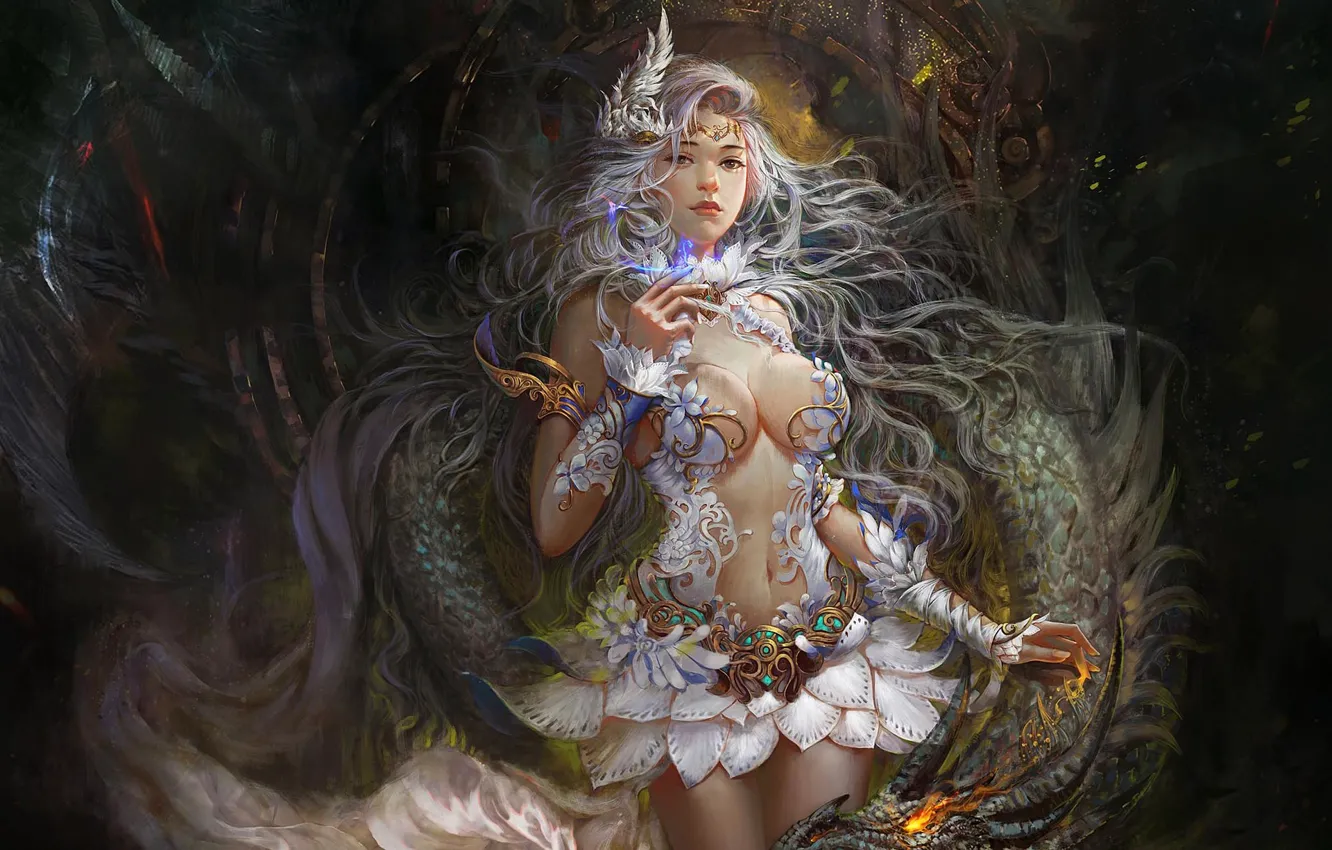 Photo wallpaper Girl, Figure, Dragon, Art, Art, Fiction, Illustration, Yajun Li, by Yajun Li, longnv