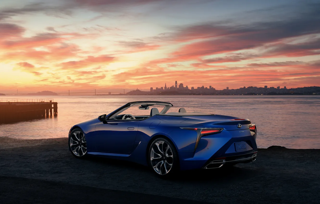 Photo wallpaper sunset, shore, Lexus, convertible, 2021, LC 500 Convertible