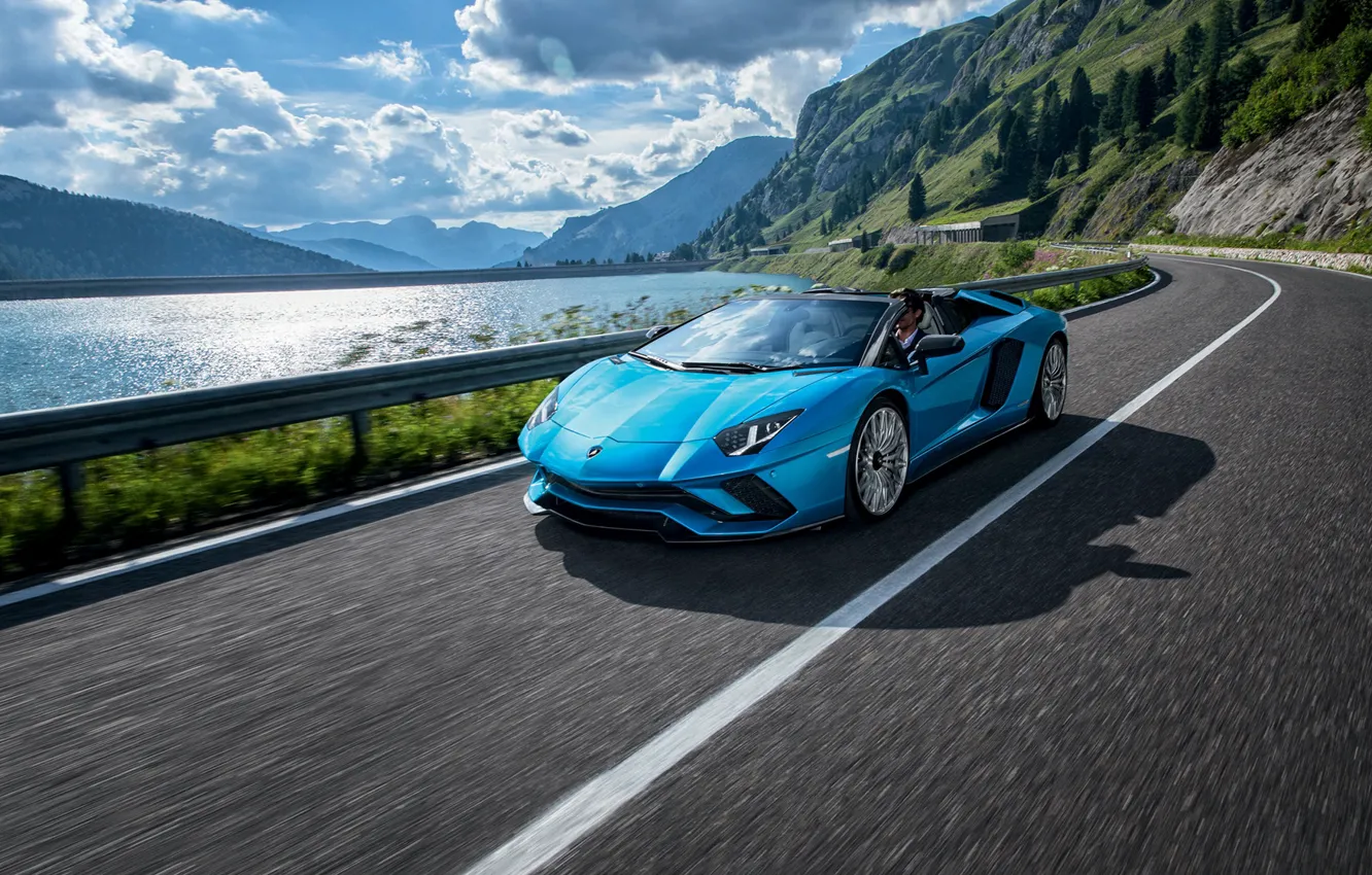 Photo wallpaper road, blue, hills, Roadster, speed, Lamborghini, Aventador