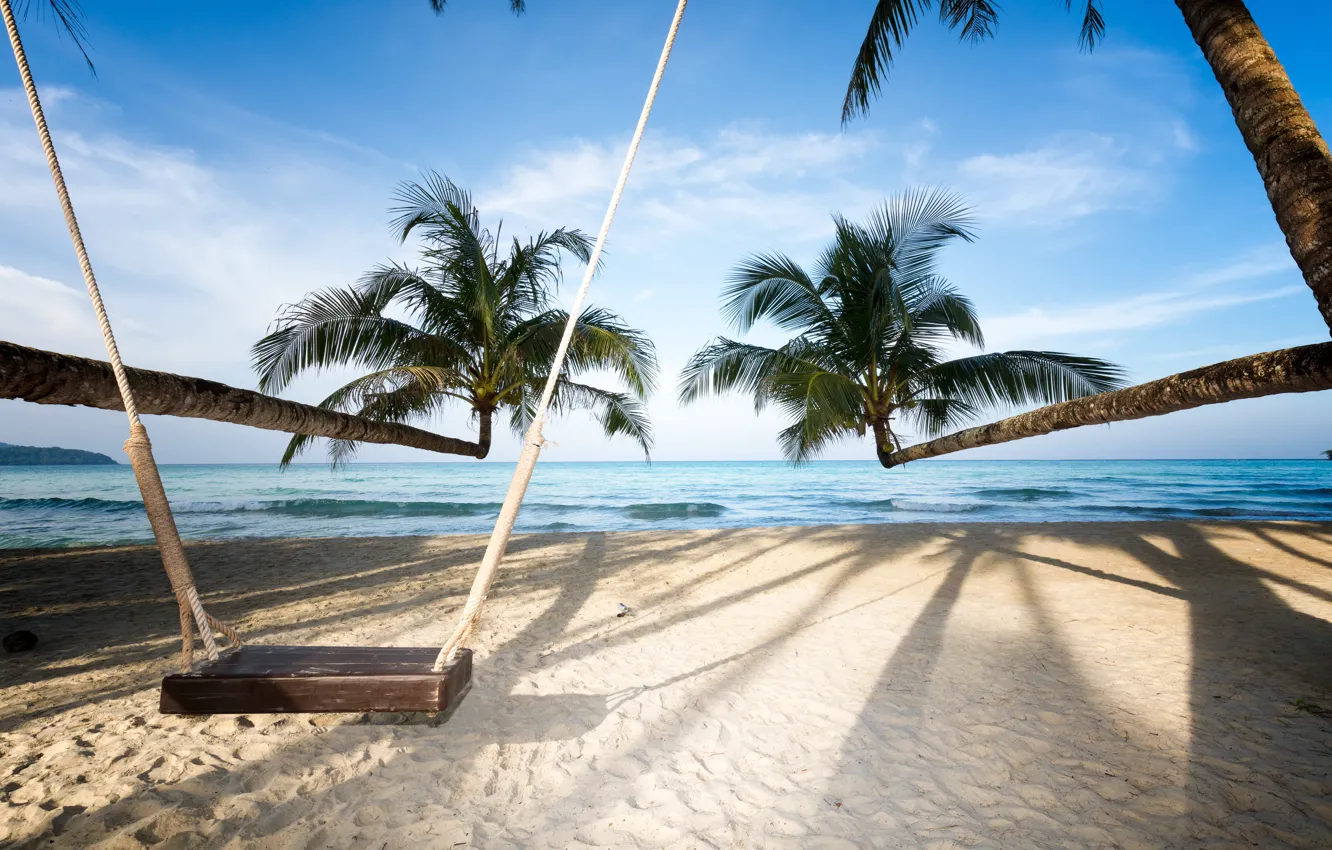 Photo wallpaper sand, sea, wave, beach, summer, the sky, palm trees, swing, shore, summer, beach, sea, seascape, …