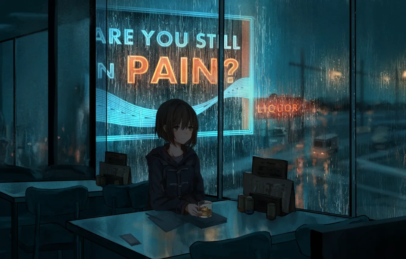 night, rain, mood, anime, art, cafe