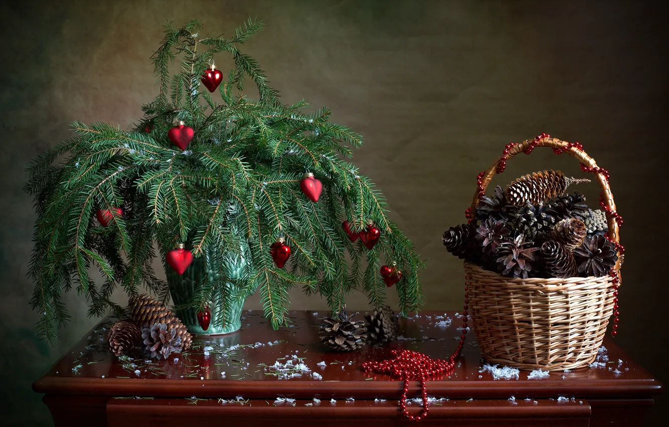 Photo wallpaper decoration, branches, holiday, basket, toys, new year, spruce, beads, vase, bumps, table, Christmas decorations