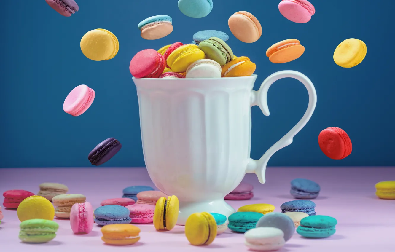 Photo wallpaper colorful, mug, dessert, pink, cakes, cup, sweet, sweet, coffee, dessert, macaroon, french, macaron, macaroon