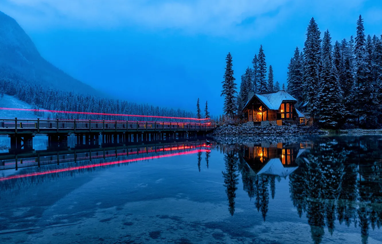 Photo wallpaper forest, light, mountains, lake, reflection, Canada, house, Canada, British Columbia, British Columbia, Yoho National Park, …