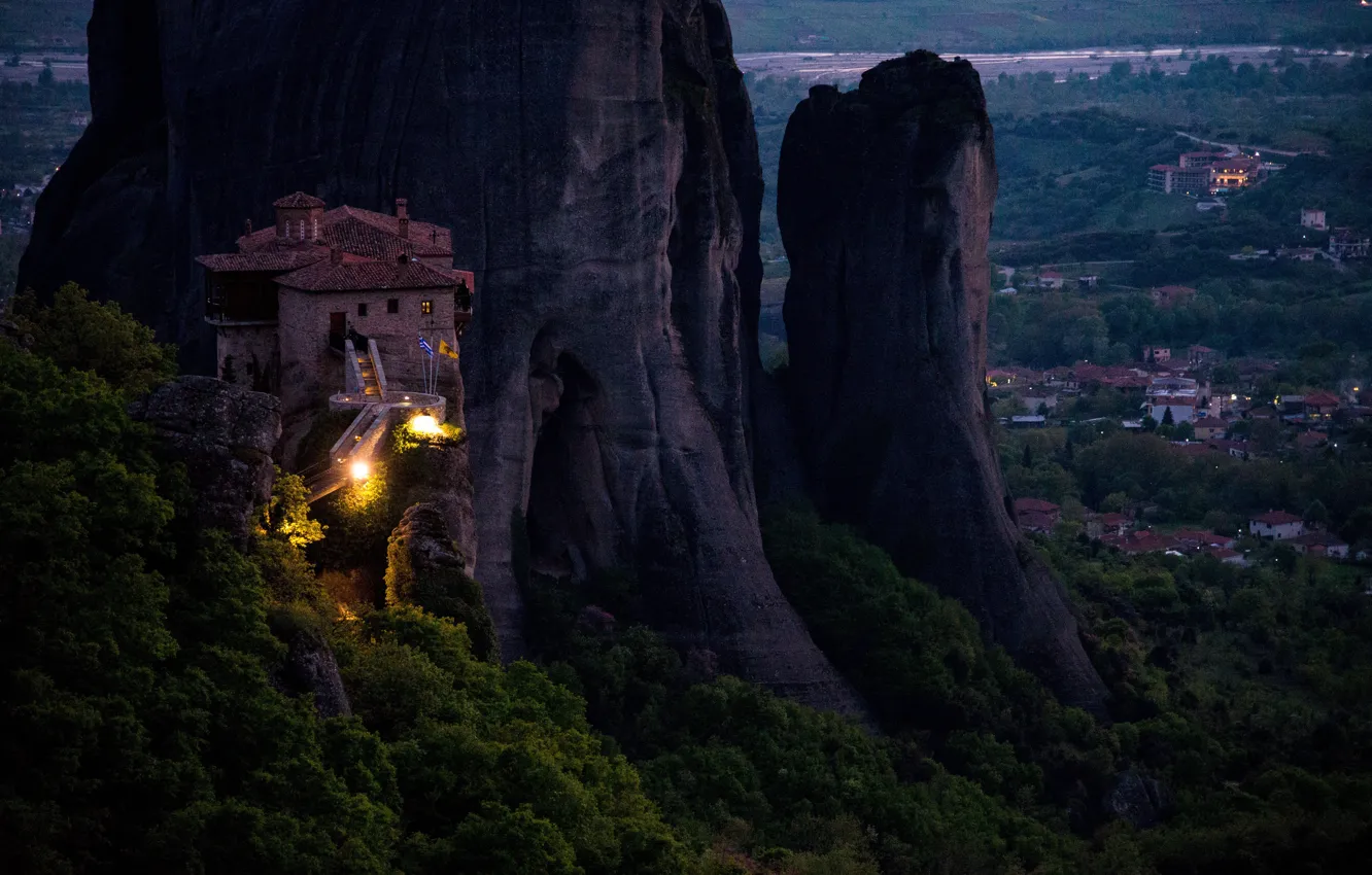 Photo wallpaper landscape, night, nature, rocks, Greece, the monastery, Meteors, Meteor
