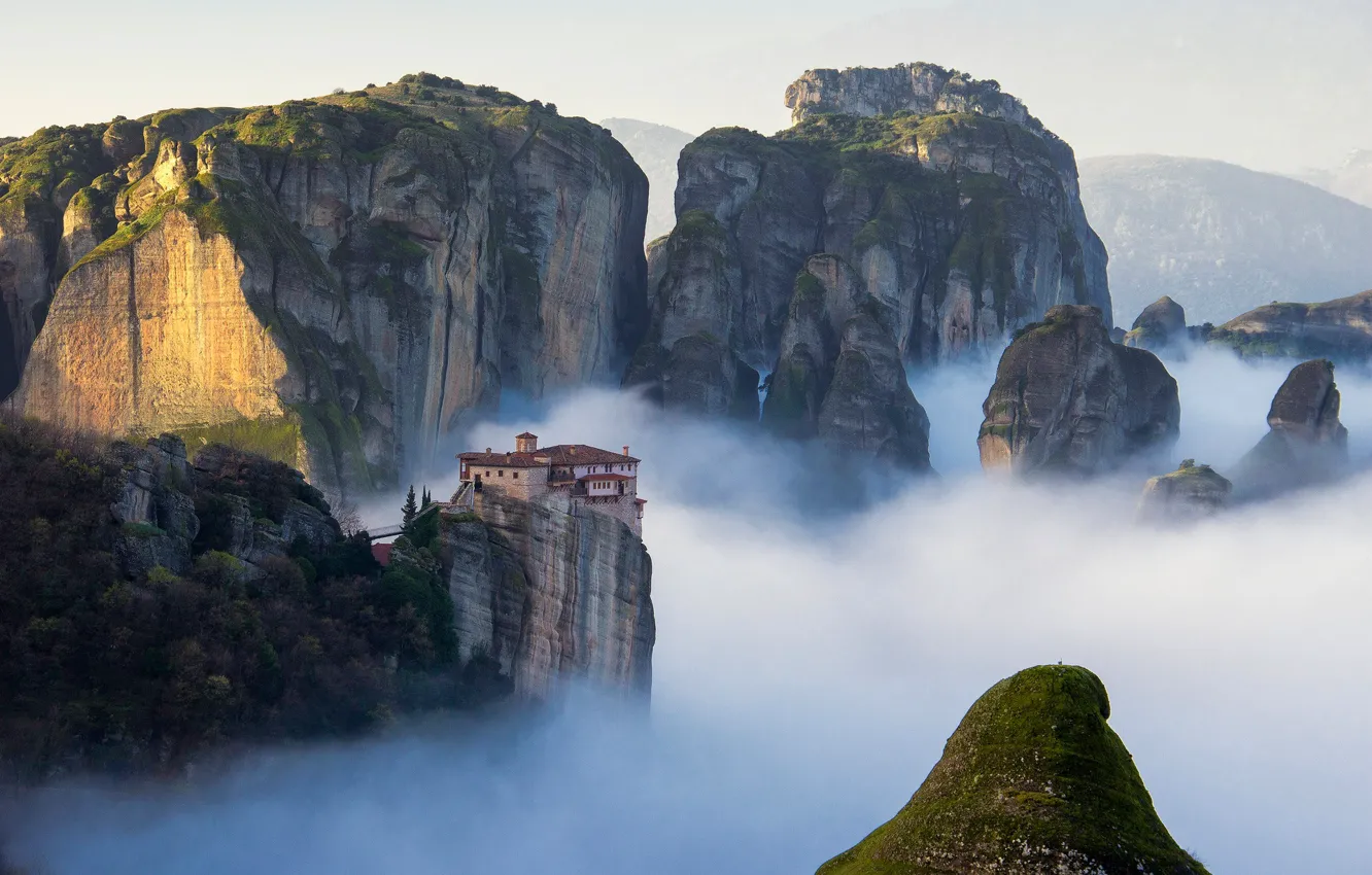 Photo wallpaper landscape, nature, mountains, clouds, rocks, architecture, building, Greece, mist, roof, monastery, Meteora