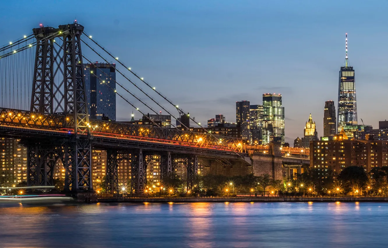 Wallpaper Bridge Strait Building New York Night City