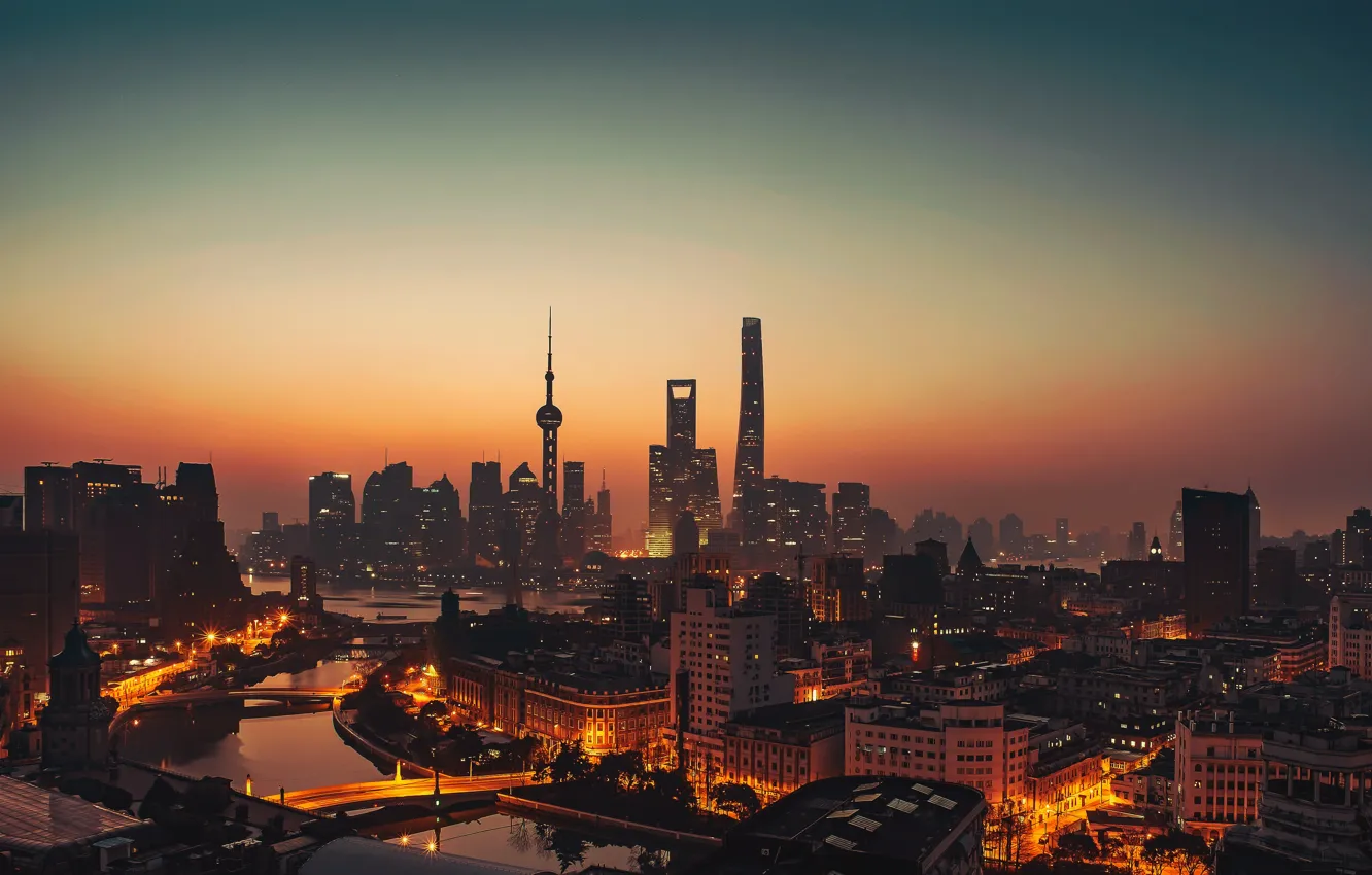 Photo wallpaper city, lights, China, Shanghai, twilight, river, sky, sea, sunset, water, night, evening, bridges, buildings, architecture, …