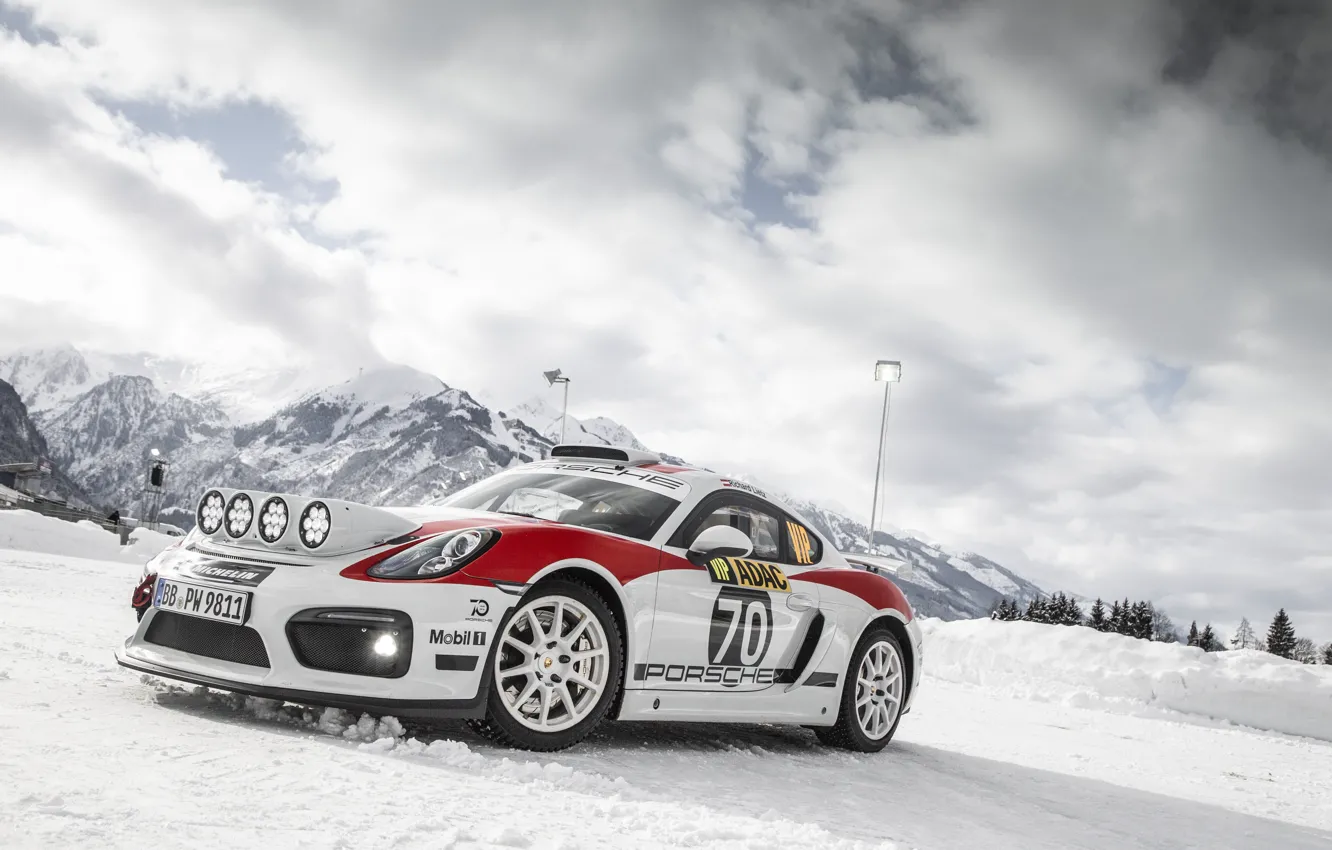 Photo wallpaper machine, light, snow, mountains, lights, sports car, rally, Porsche Cayman GT4 rally