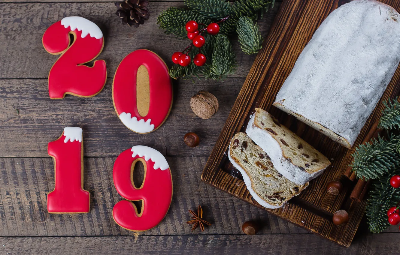Photo wallpaper decoration, New Year, Christmas, happy, Christmas, cake, wood, New Year, cupcake, cookies, decoration, gingerbread, gingerbread, …