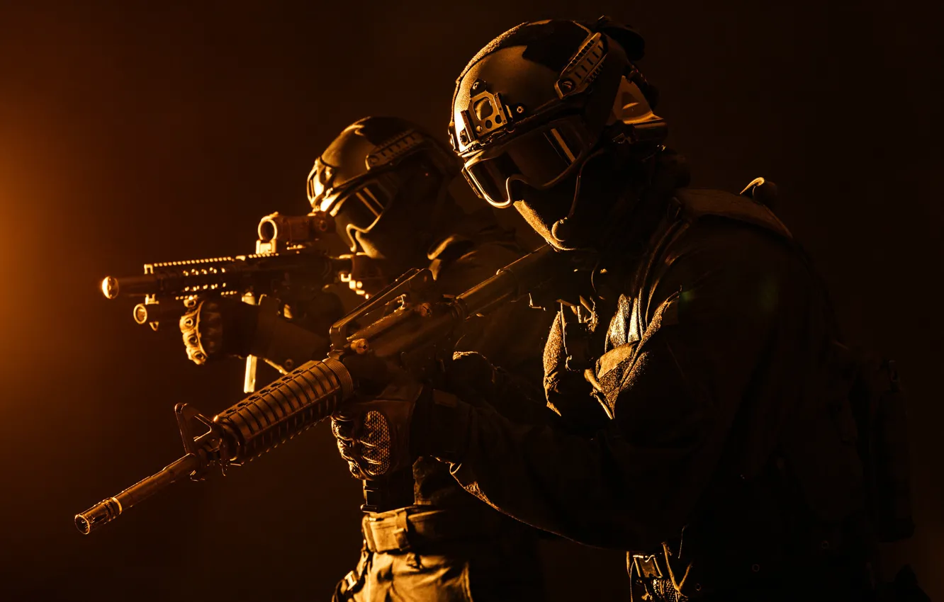 Photo wallpaper weapons, background, mask, glasses, soldiers, gloves, helmet, form, two, fighters